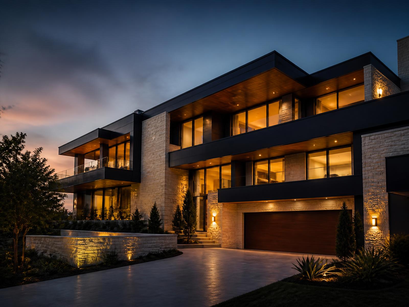 Luxury modern home at dusk with warm interior lighting